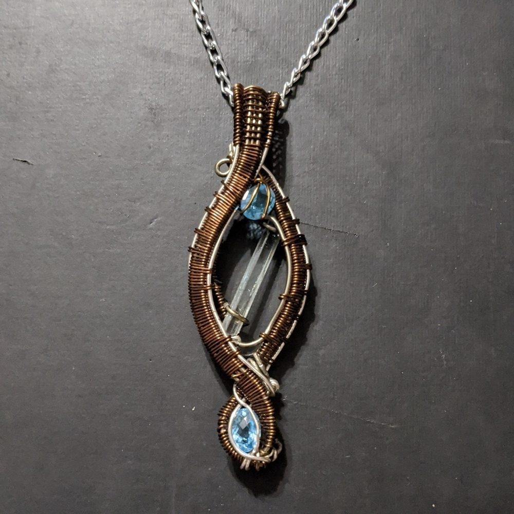 Copper Silver Tone Wire Wrapped Quartz Blue Crystal Pendant Statement Necklace